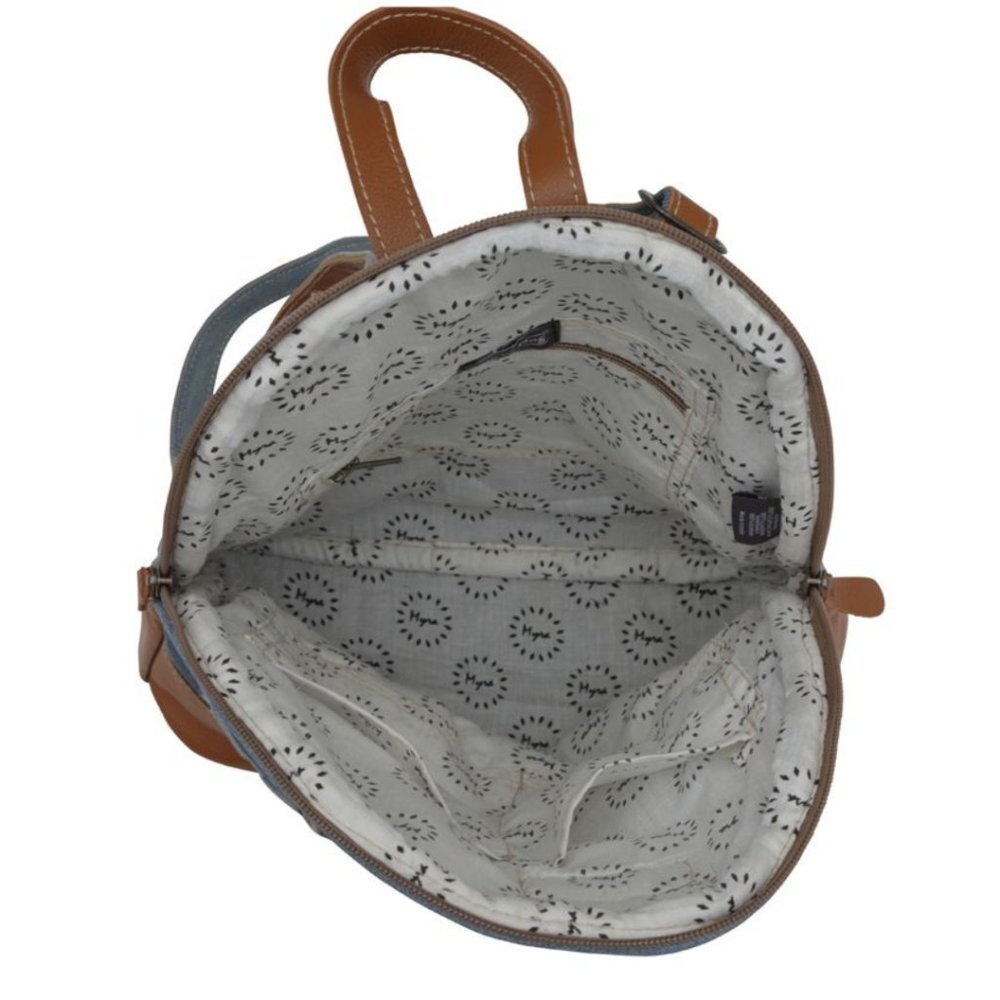 Myra Bag Janesa Upcycled Denim Leather Patchwork Backpack Blue Brown Boho SNWT - Picture 5 of 5